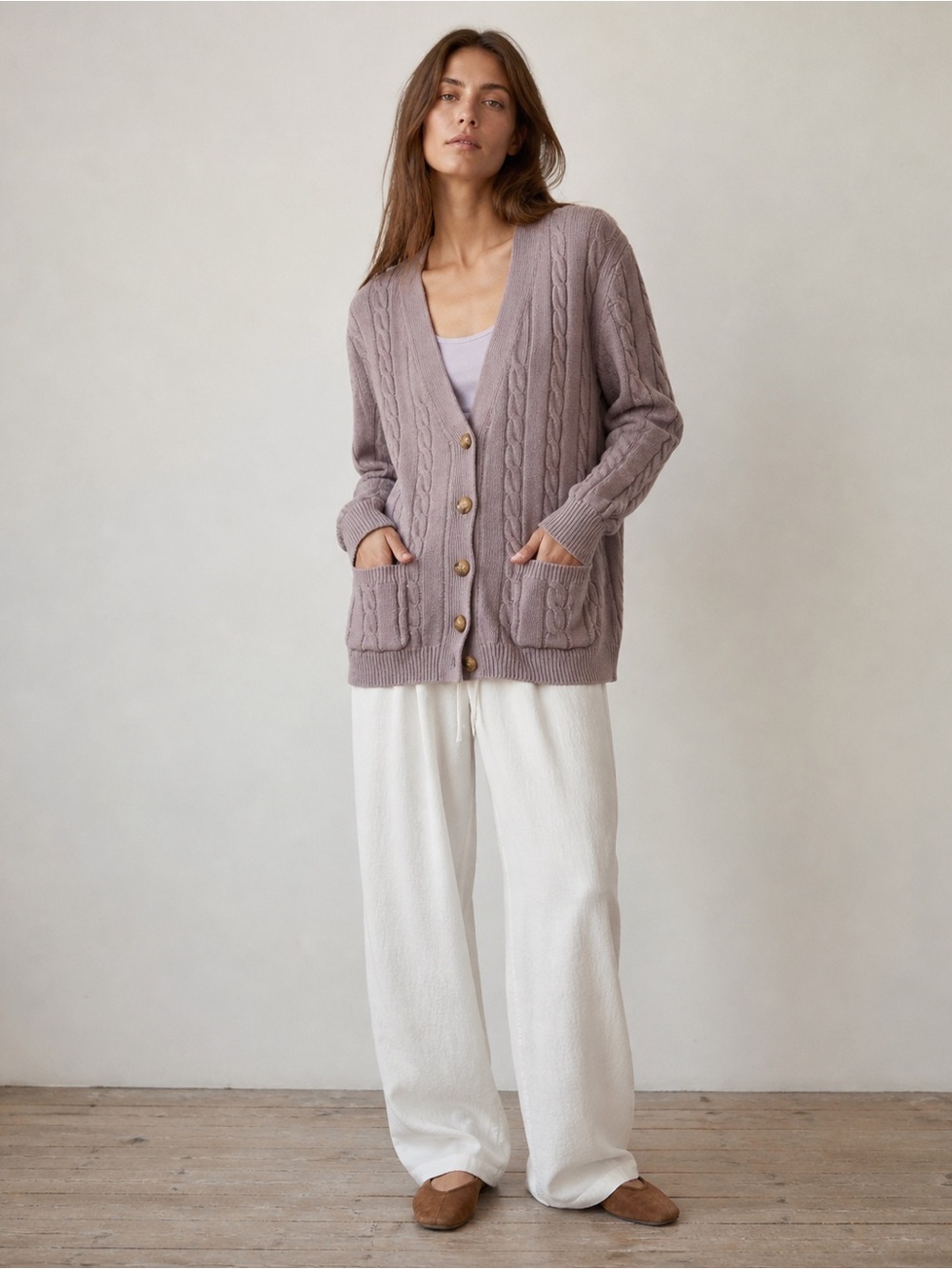 THE GREAT. Light Pink Cable Knit Button Front Cardigan size S
